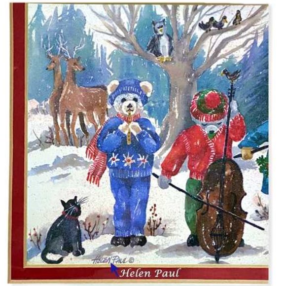 Pair Helen Paul Winter Christmas 11.5" x 9.5" Gold Framed Art Prints Teddy Bears - Picture 5 of 12